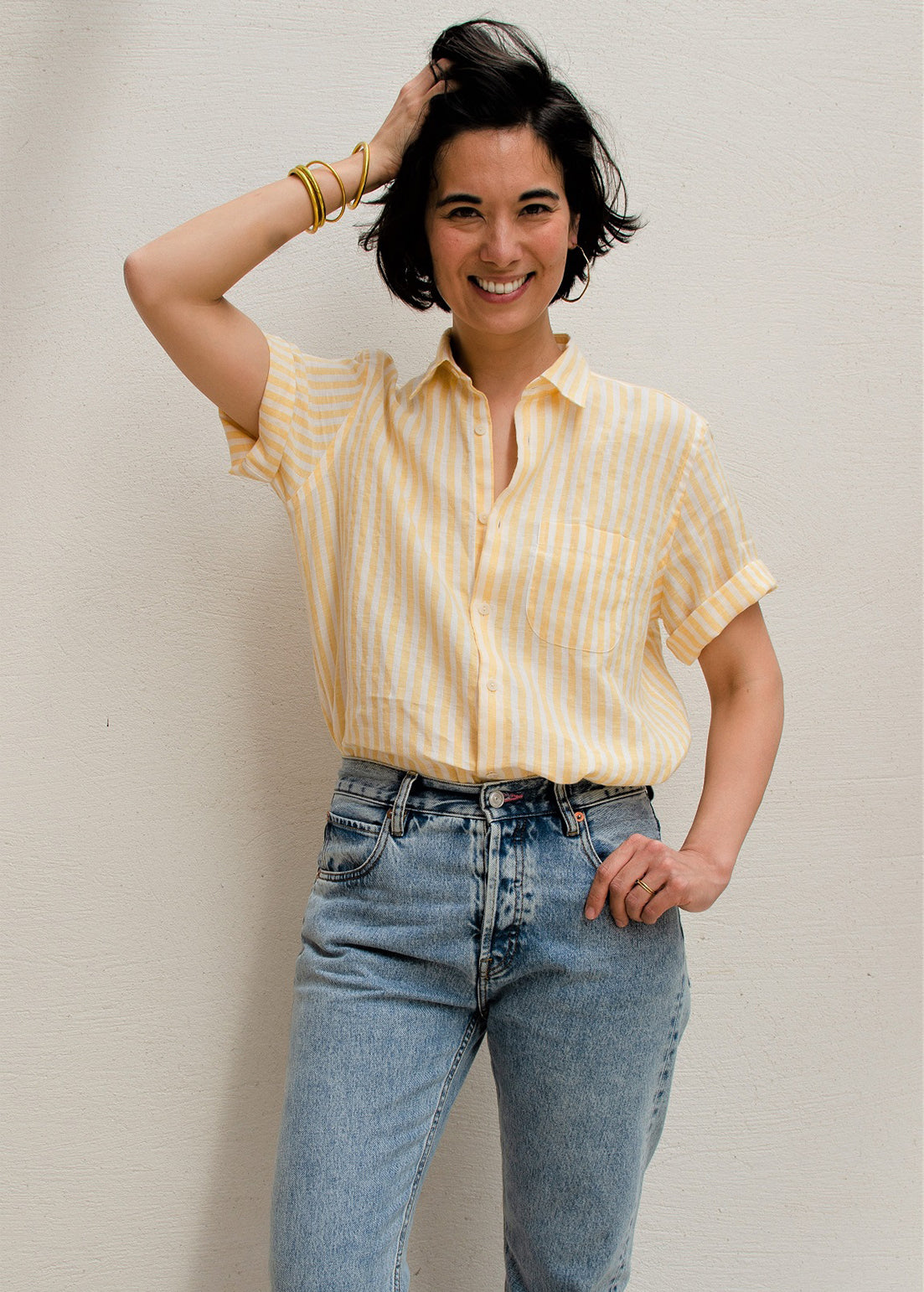 Chemise manches courtes à rayures - Jaune et Blanc