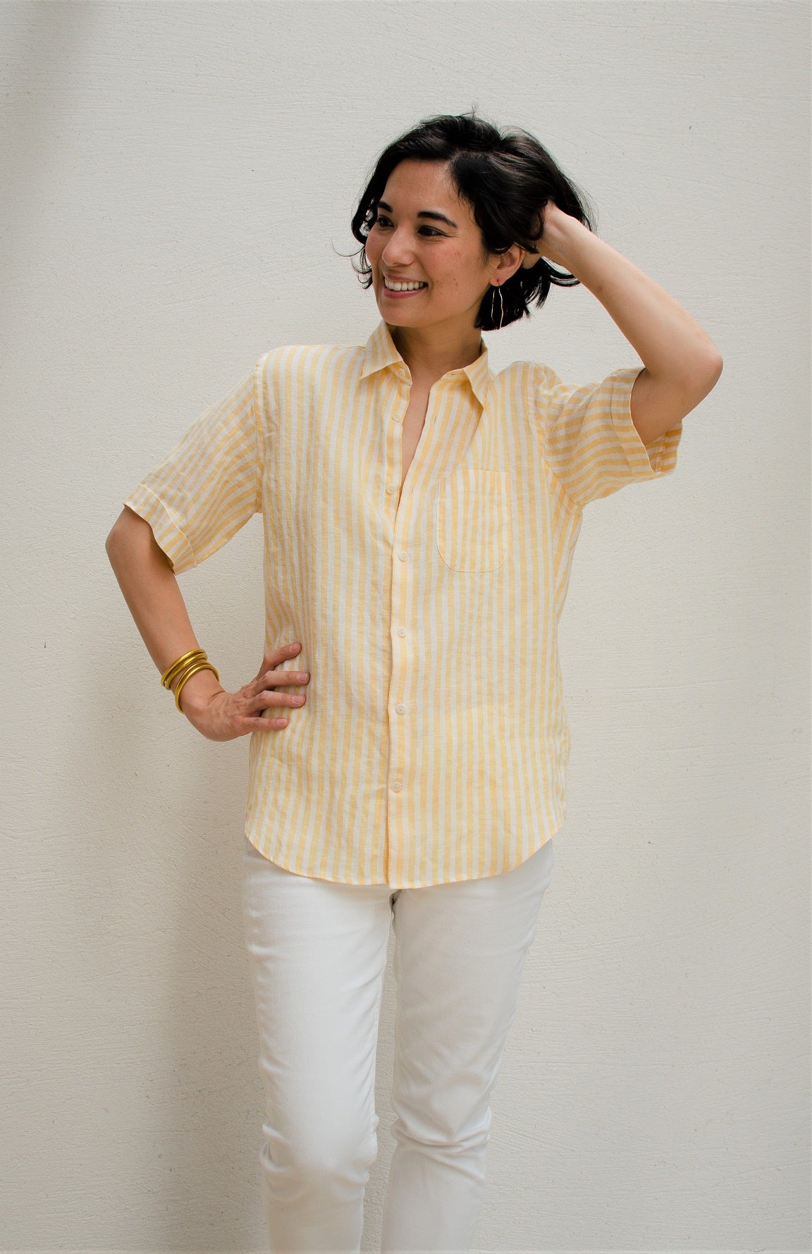 Chemise manches courtes à rayures - Jaune et Blanc