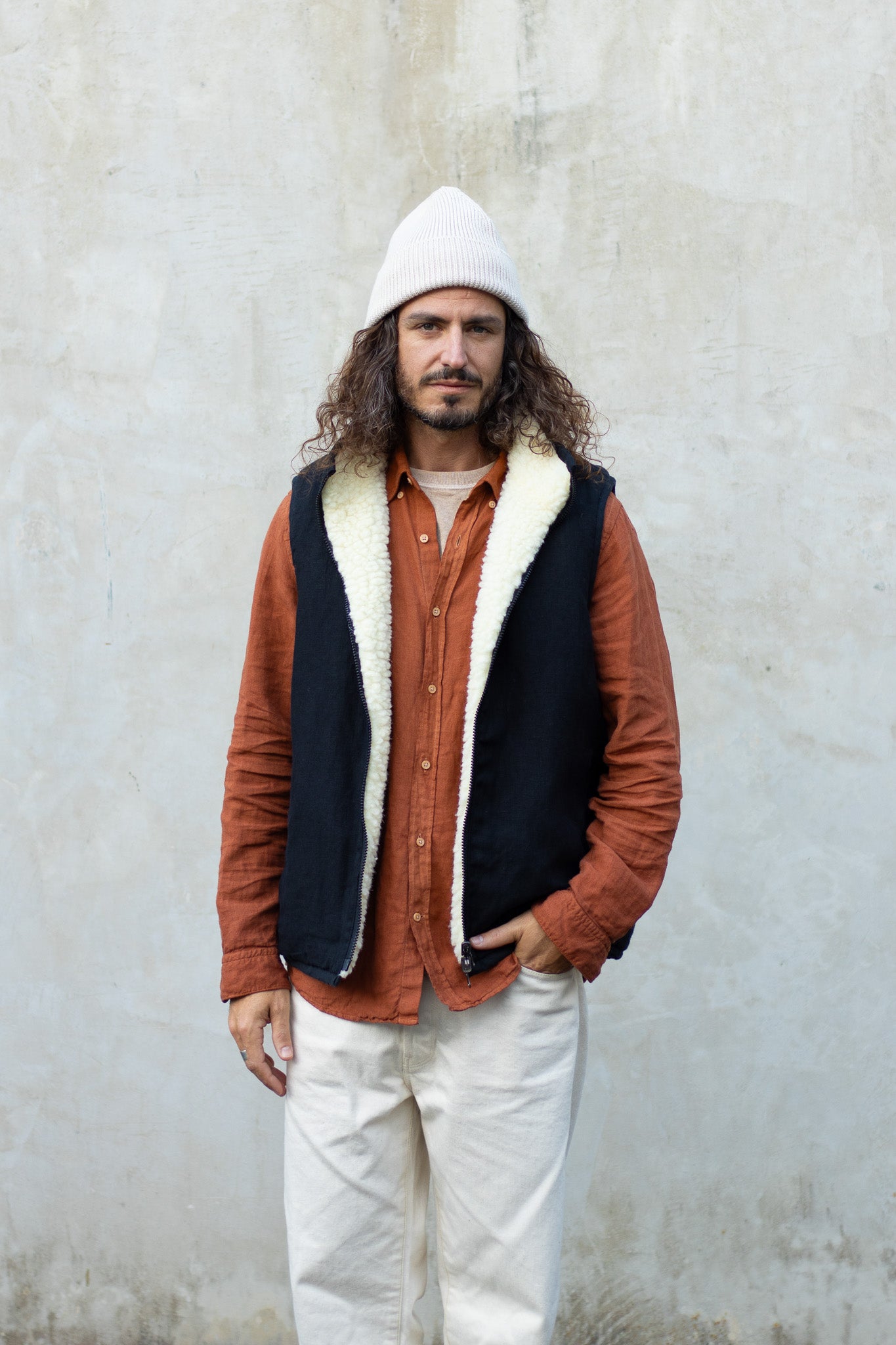 Veste sans manches réversible - lin & laine sherpa Noir