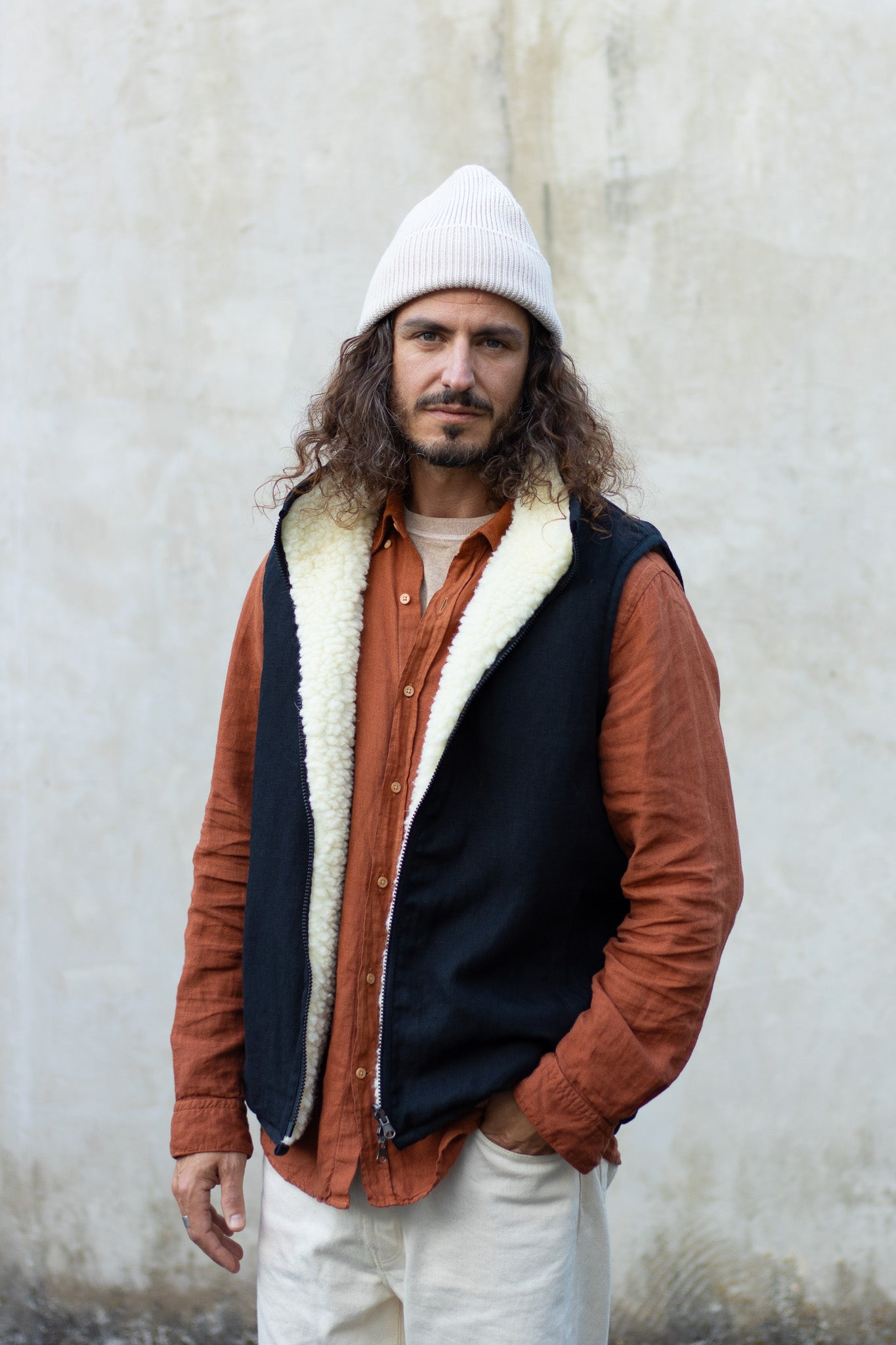 Veste sans manches réversible - lin & laine sherpa Noir