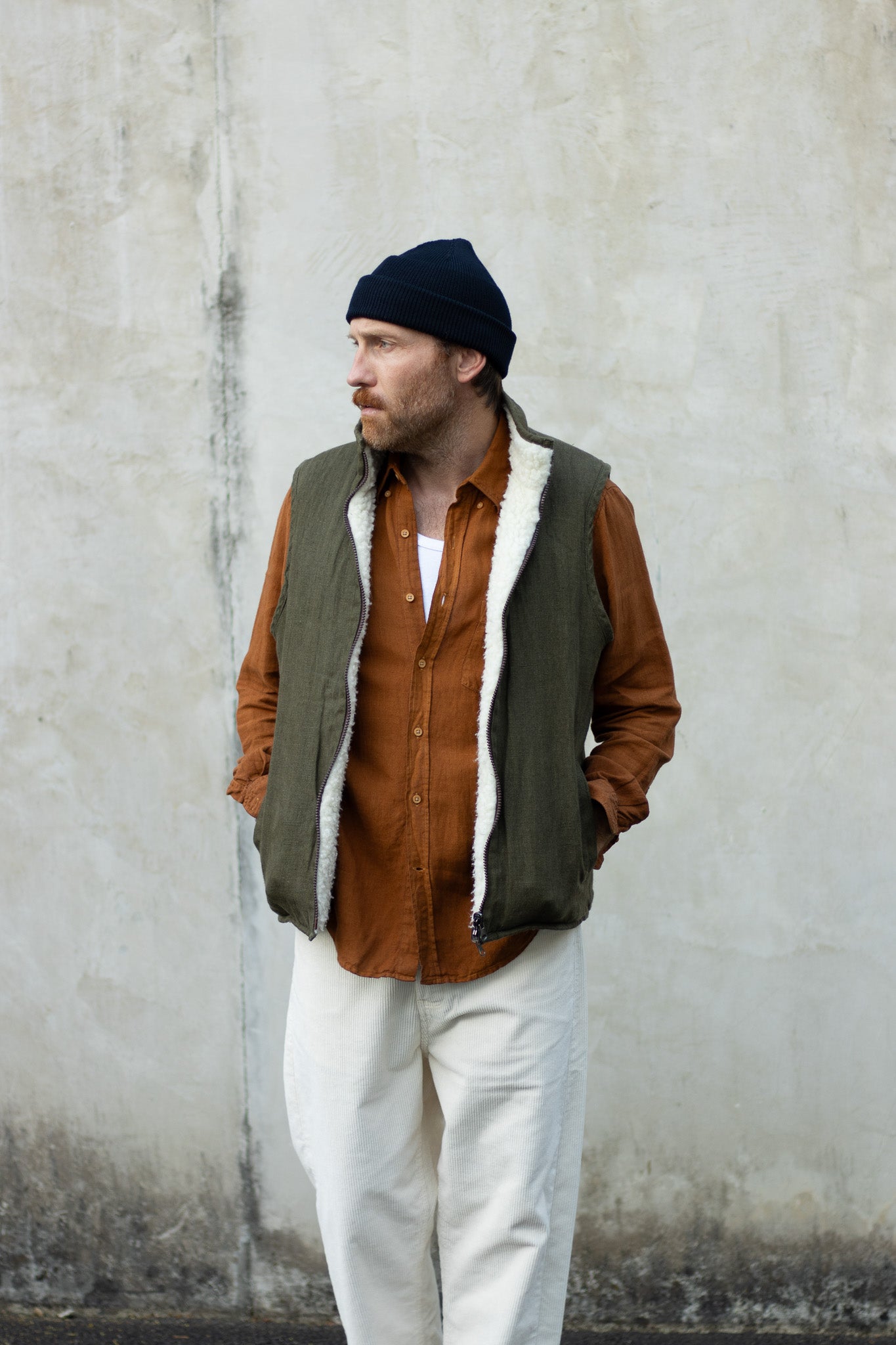 Veste sans manches réversible - lin & laine sherpa Olive