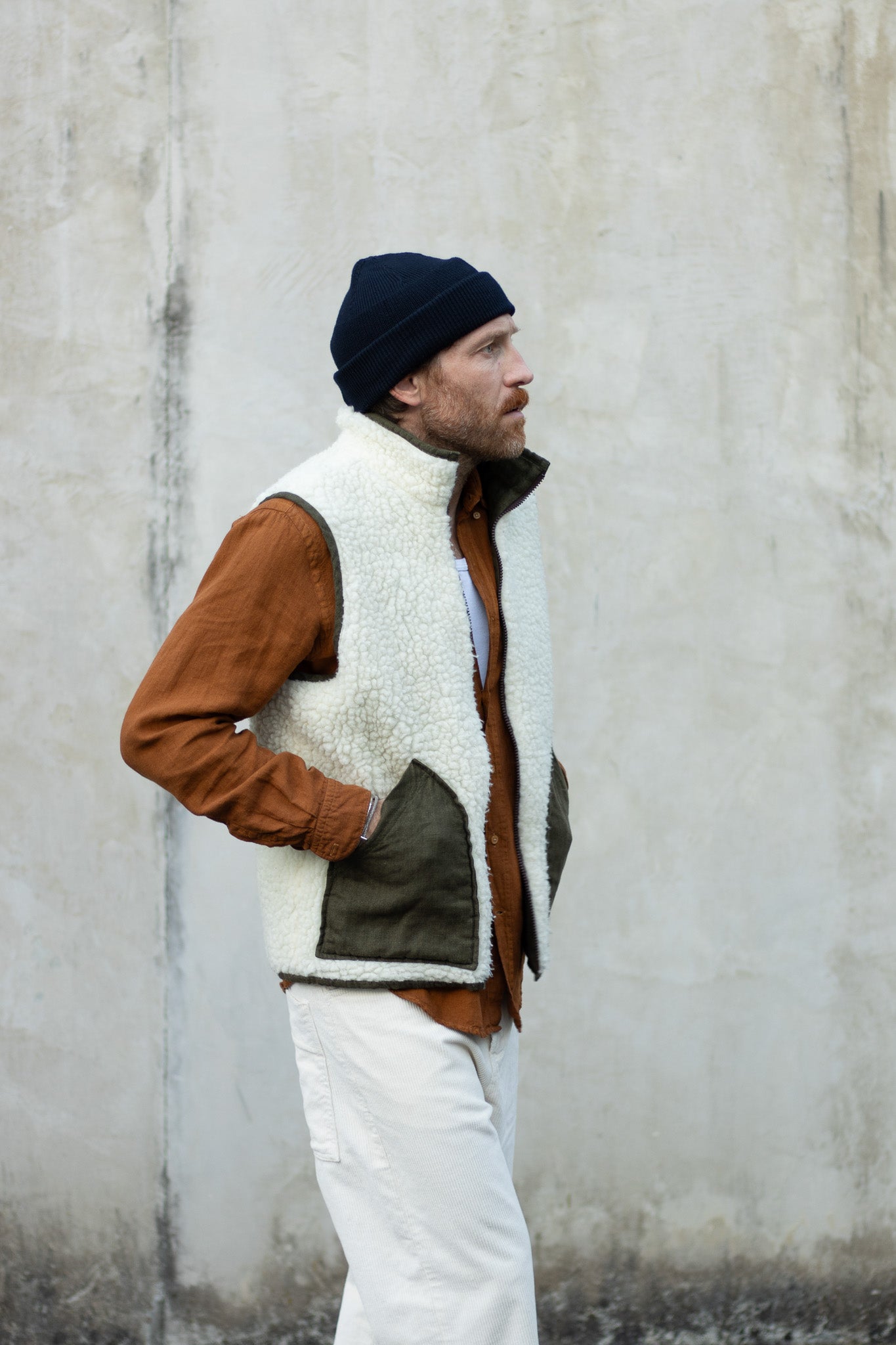 Veste sans manches réversible - lin & laine sherpa Olive