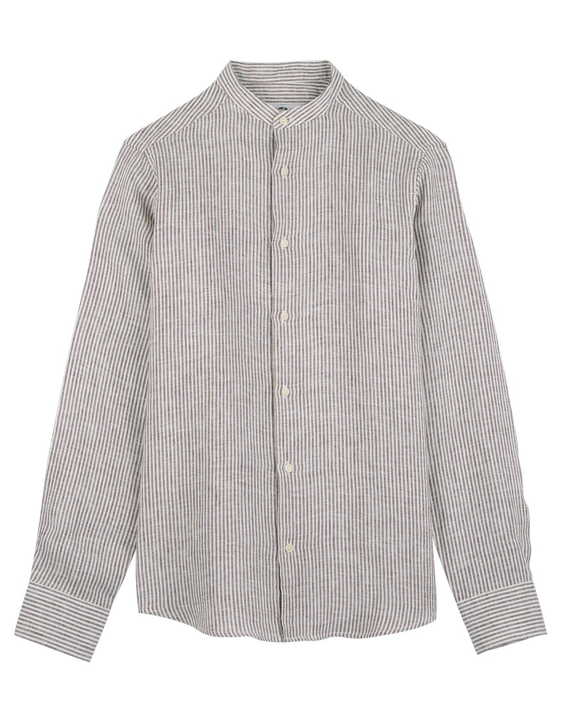Chemise col mao en lin à rayures - Bordeaux et blanc