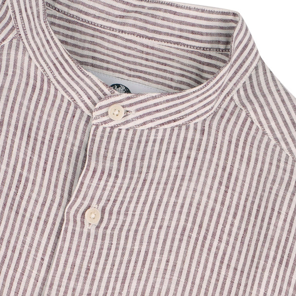 Chemise col mao en lin à rayures - Bordeaux et blanc
